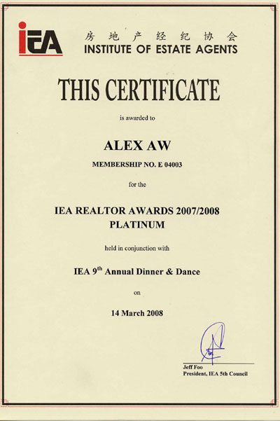 IEA Platinum Realtor Award Winner Year 2007/2008